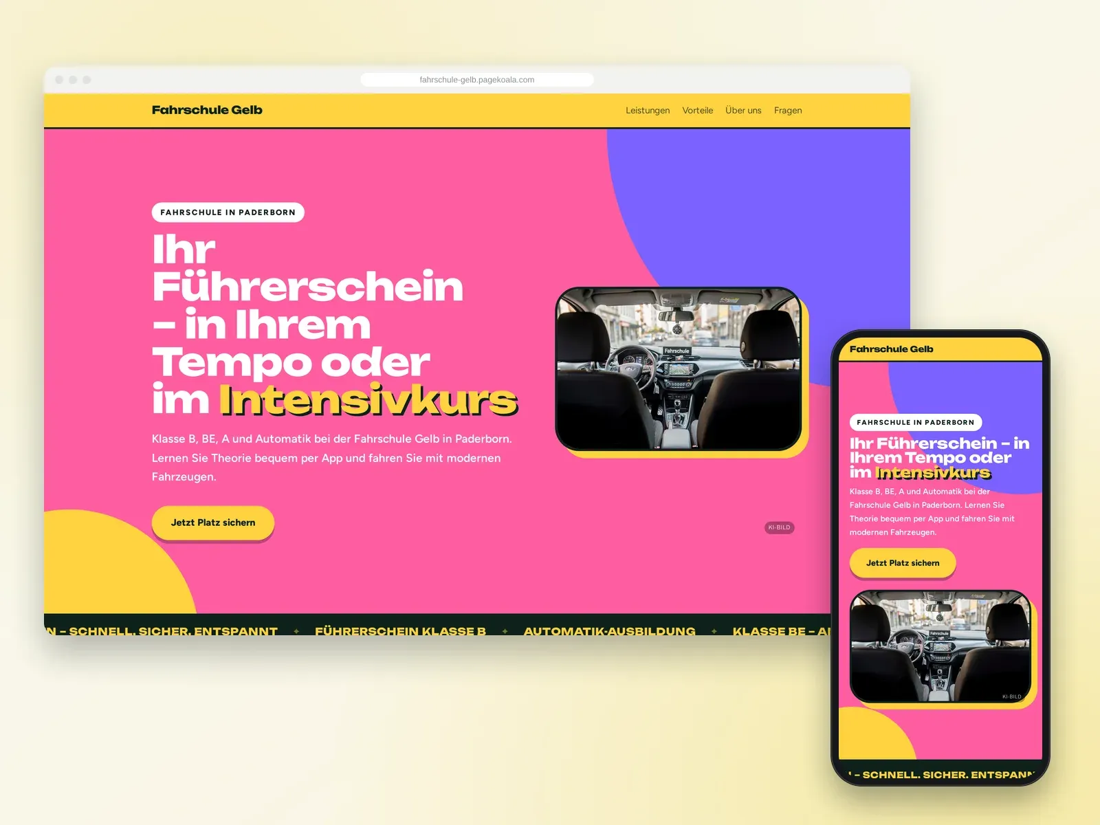 Von der PageKoala-KI erstellte Website: Fahrschule Gelb