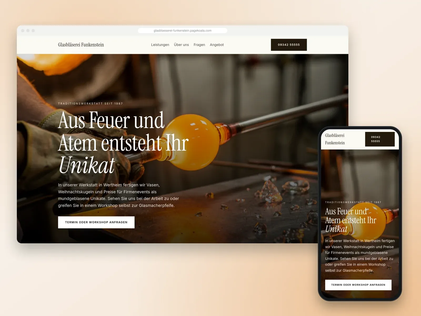 Von der PageKoala-KI erstellte Website: Glasbläserei Funkenstein